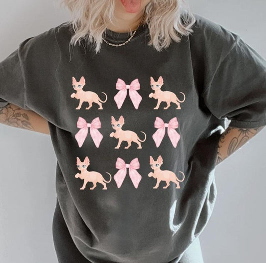 SPHYNX CAT with bows Shirt ~ Unisex Apparel Relaxed Fit Printed In The USA Clothing Womenswear Casual Comfort Cotton Top Athletic Boho Chicbrown chihuahua