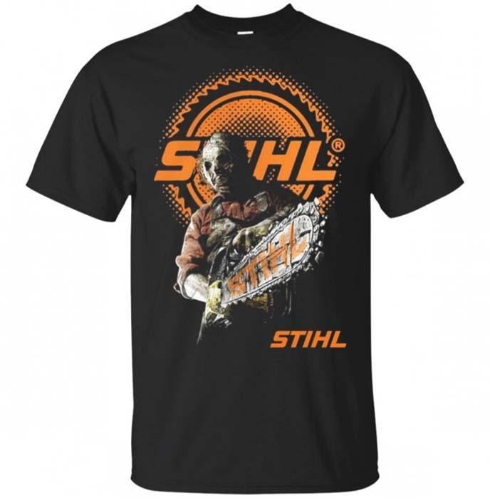 STIHL Leatherface T-Shirt - Sweatshirt - Hoodie, Streetwear - Horror Chainsaw Parody Tee, Bold Orange Saw Blade Logo, Funny Graphic for Tool Fans & Scary Movie Lovers