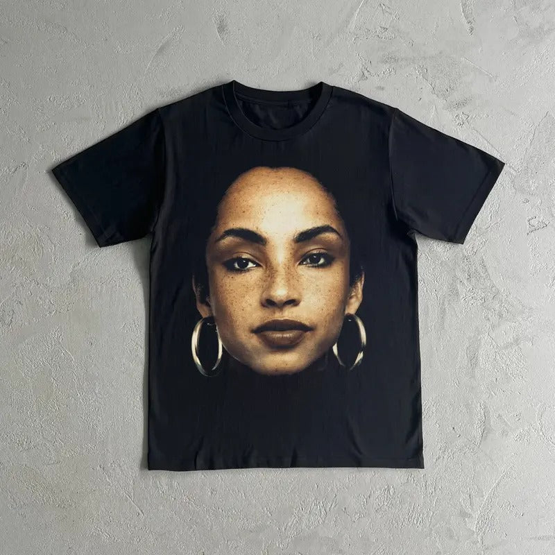 Sade Adu Graphic Tee - Black Short Sleeve Crewneck Shirt with Graphic Design - Pop Music Merch for Fans