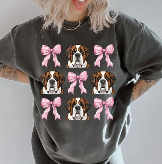 Saint Bernard with bows Shirt ~ Unisex Apparel Relaxed Fit Printed In The USA Clothing Womenswear Casual Comfort Cotton Top Athletic Boho Chic