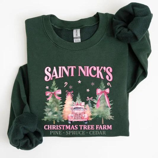 Saint Nick's Christmas Tree Farm, Retro, Winter, Santa, Snow, Xmas Sweatshirt, Women's Crew Neck, Crewneck T-Shirts, Hoodie