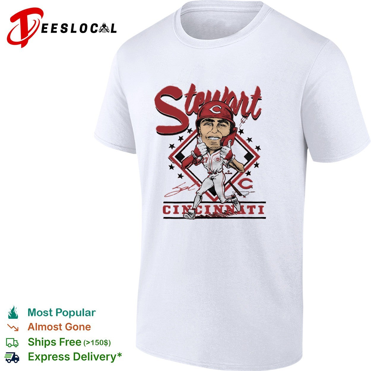 Sal Stewart Cincinnati Reds cartoon signature shirt