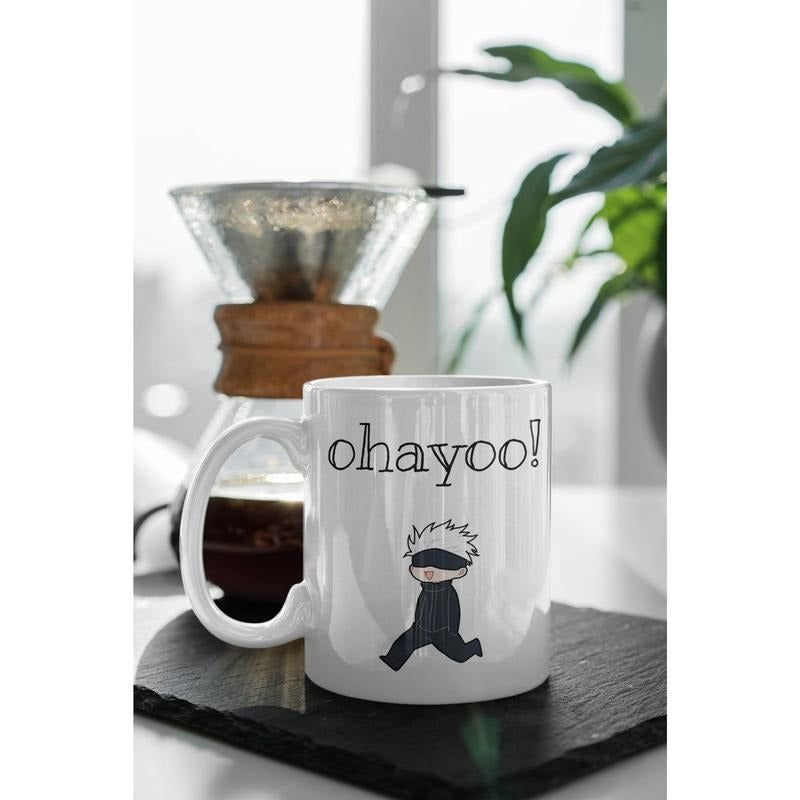 [Sale Up To 50%] Ohayoo Gojo Mug, Funny JJK Anime Gift, 11oz Coffee Cup for Him or Her