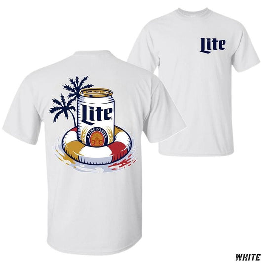 [Sale Up To 60%] Lite T-shirt Refreshing Beer Can And Lifebuoy Graphic Perfect For Beach Lovers And Beer Enthusiasts Unisex Casual Tee Fun Relaxed
