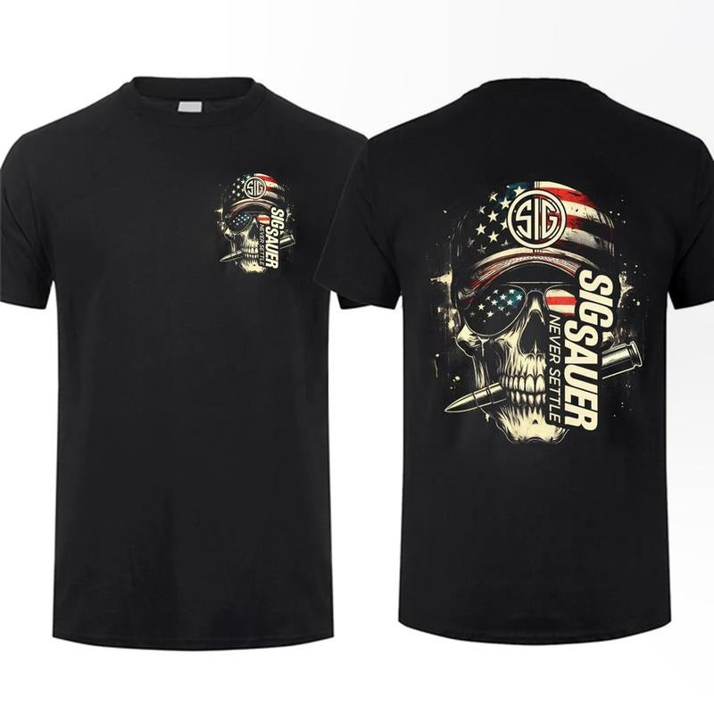[Sale Up To 60%] Sig Sauer American Skull Flag 2 Sided T-shirt Unisex Short Sleeve Casual 100% Cotton Top Menswear Tactical Gear Gun Lover