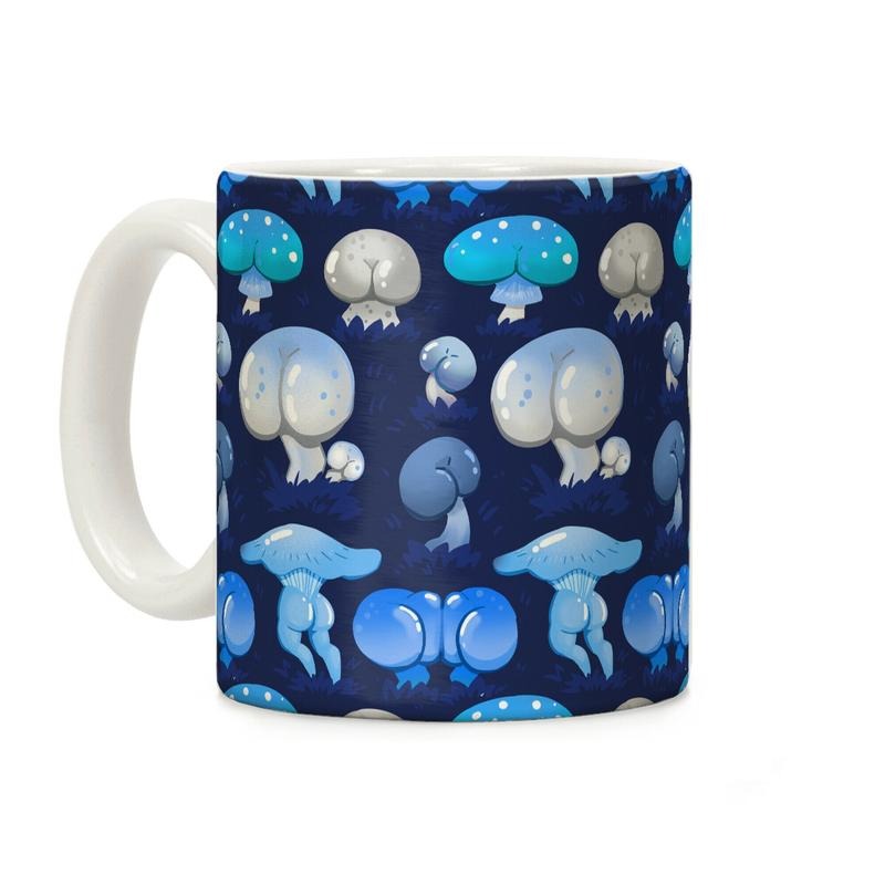 [Sale Up to 50% ] Butt Mushroom Pattern Blue Coffee Mug 11 oz or 15 oz Ceramic Drinkware with Large Handles, Printed in the USA