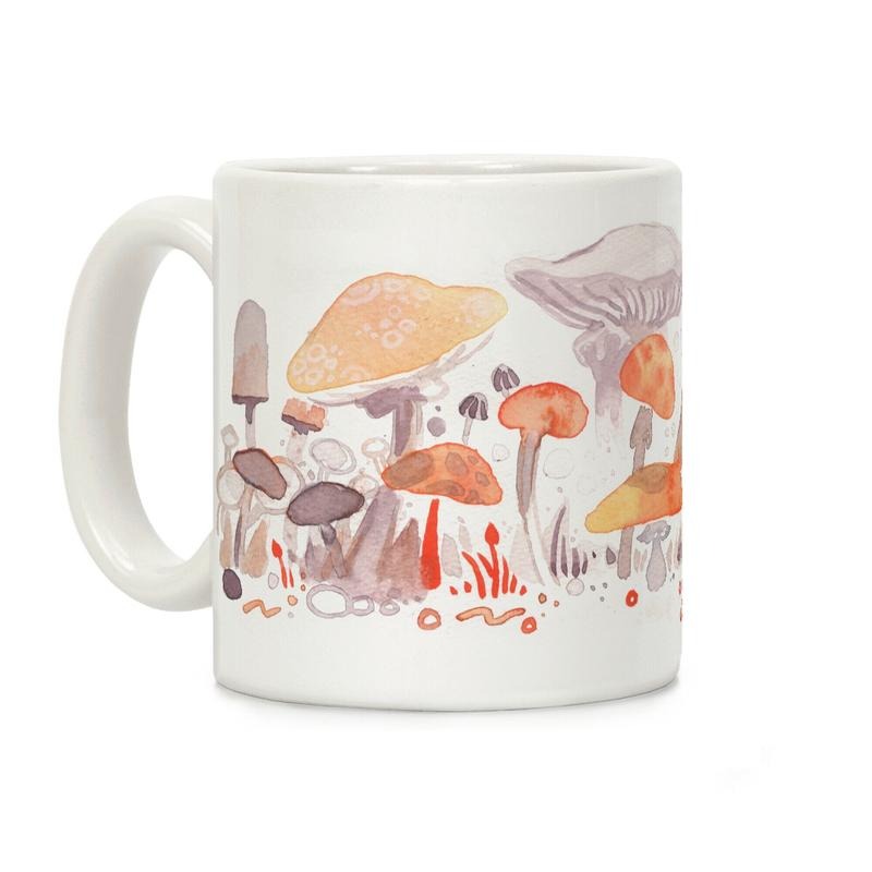 Sale Up to 50% ] Mushroom Garden Pattern Coffee Mug,  11 oz or 15 oz Ceramic Drinkware with Large Handles, Printed in the USA