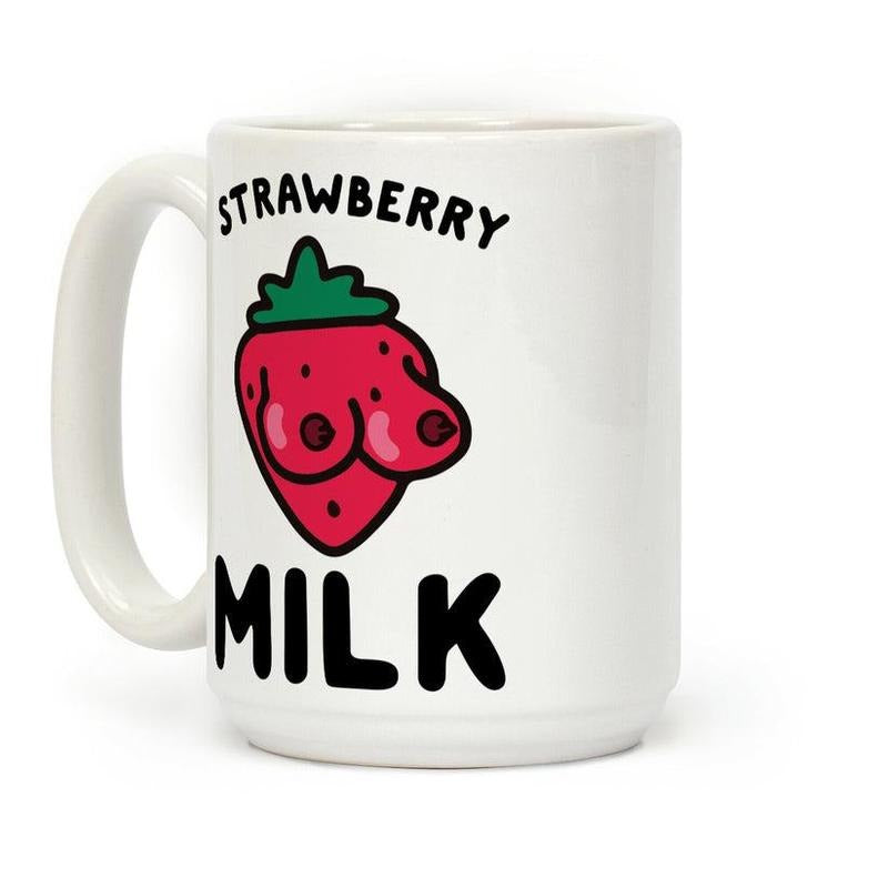 [Sale Up to 50% ] Strawberry Milk Coffee Mug,  11 oz or 15 oz Ceramic Drinkware with Large Handles, Printed in the USA