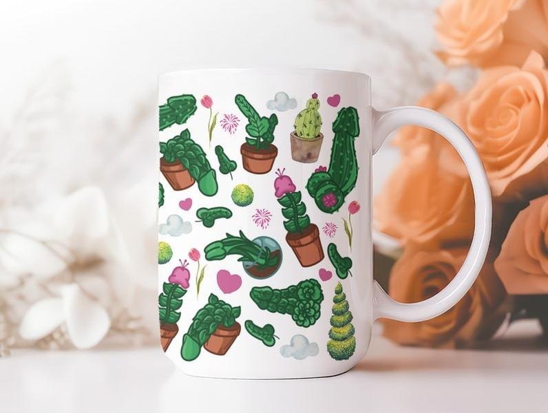 [Sale Up to 50%] Hidden Cactus Penis Mug   11 oz or 15 oz Ceramic Drinkware with Large Handles, Printed in the USA