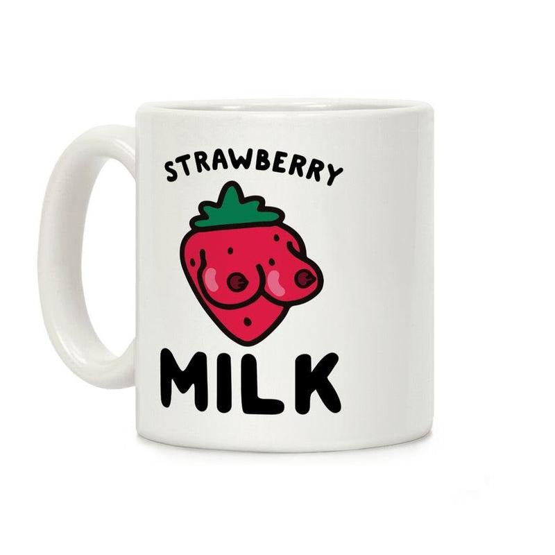 [Sale Up to 60% ] Strawberry Milk Coffee Mug,  11 oz or 15 oz Ceramic Drinkware with Large Handles, Printed in the USA