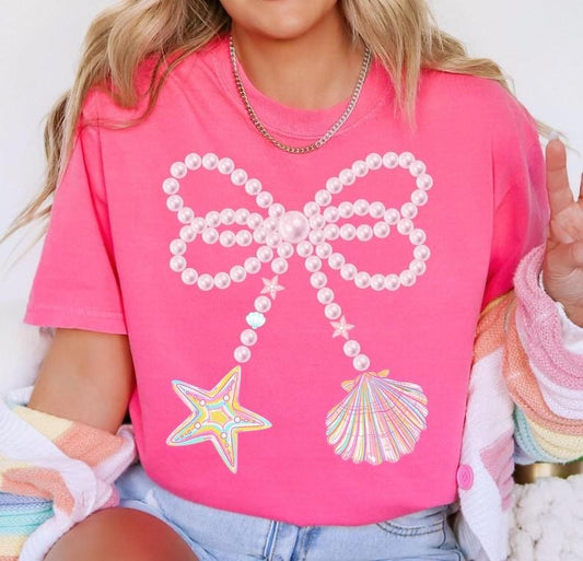 [Sale up To 43%] Comfort Colors Coquette Clam Pearl Bow Shirt, Coastal Seashell Starfish Shirt, Preppy Summer Vibes Pink Clam Shirt Fitted Womenswear