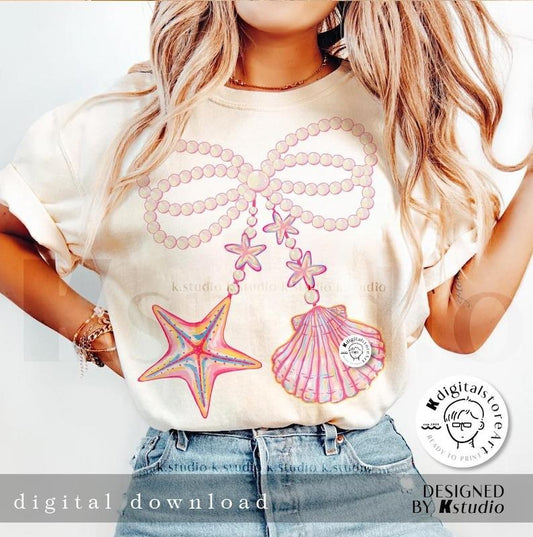 [Sale up To 43%] Comfort Colors Coquette Pearl Bow Shirt, Summer Vibes, Pink Clam Shirt, Summer Shirt