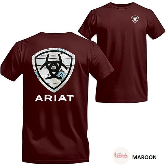[Sale up to 50%] Ariat Logo 2 Sided T-Shirt, Men Shirts for Ranch Style, Cowboy Country Style Tee, Bold Ariat Tribal Shield Summer Graphic Tee