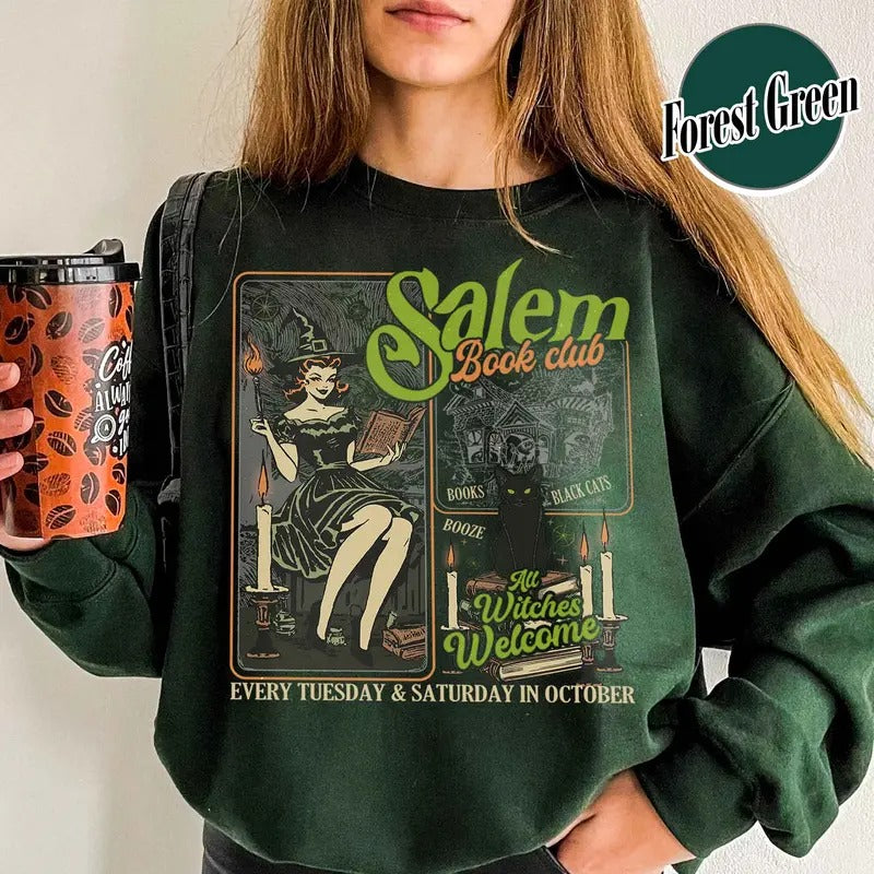 Salem Book Club Sweatshirt, Salem Book Club, Salem Witch Book Club, Halloween Bookish Gift, Halloween Black Cat Broom Shirts, Halloween Bookish Shirt