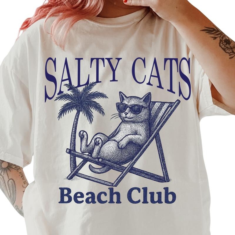 Salty Cats Beach Club Shirt ~ Unisex Apparel Relaxed Fit Printed In The USA Clothing Womenswear Casual Comfort Cotton Top Athletic Boho Chic