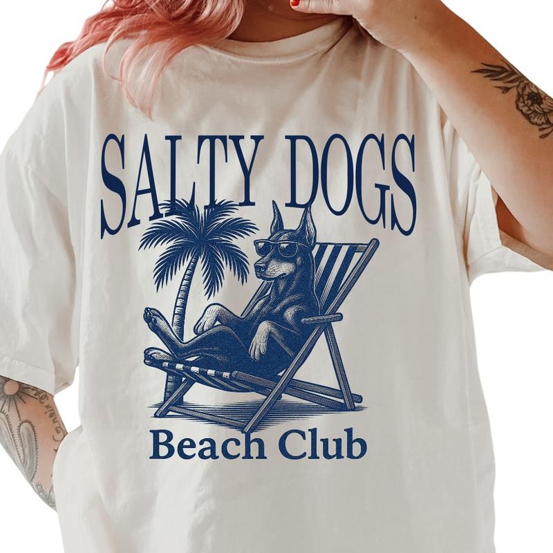Salty Dogs Beach Club Doberman Shirt ~ Unisex Apparel Relaxed Fit Printed In The USA Clothing Womenswear Casual Comfort Cotton Top Athletic Boho Chic