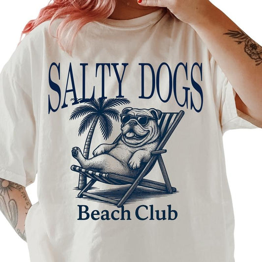 Salty Dogs Beach Club English Bulldog Shirt ~ Unisex Apparel Relaxed Fit Printed In The USA Clothing Womenswear Casual Comfort Cotton Top Athletic Boho Chic