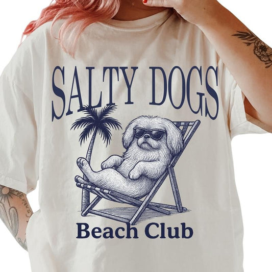 Salty Dogs Beach Club Pekingese Shirt ~ Unisex Apparel Relaxed Fit Printed In The USA Clothing Womenswear Casual Comfort Cotton Top Athletic Boho Chic