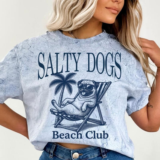 Salty Dogs Beach Club Pug Shirt ~ Unisex Apparel Relaxed Fit Printed In The USA Clothing Womenswear Casual Comfort Cotton Top Athletic Boho Chic