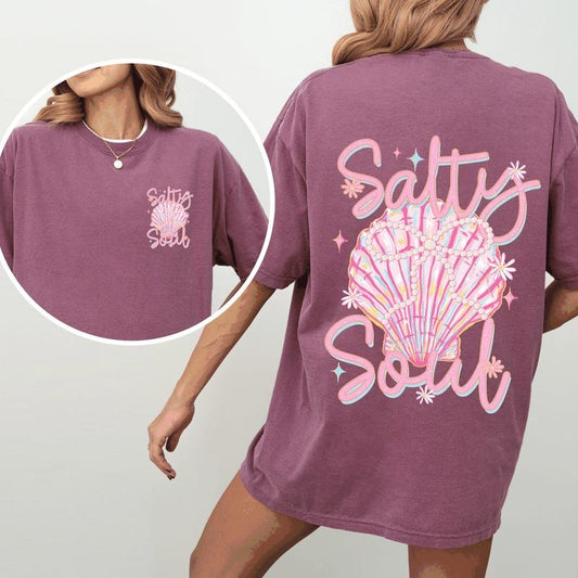 Salty Soul, Beach, Pearls, Summer, Seashell, Stay Salty, Front and Back, Comfort Colors T-Shirt, Women's Comfort Colors Tee