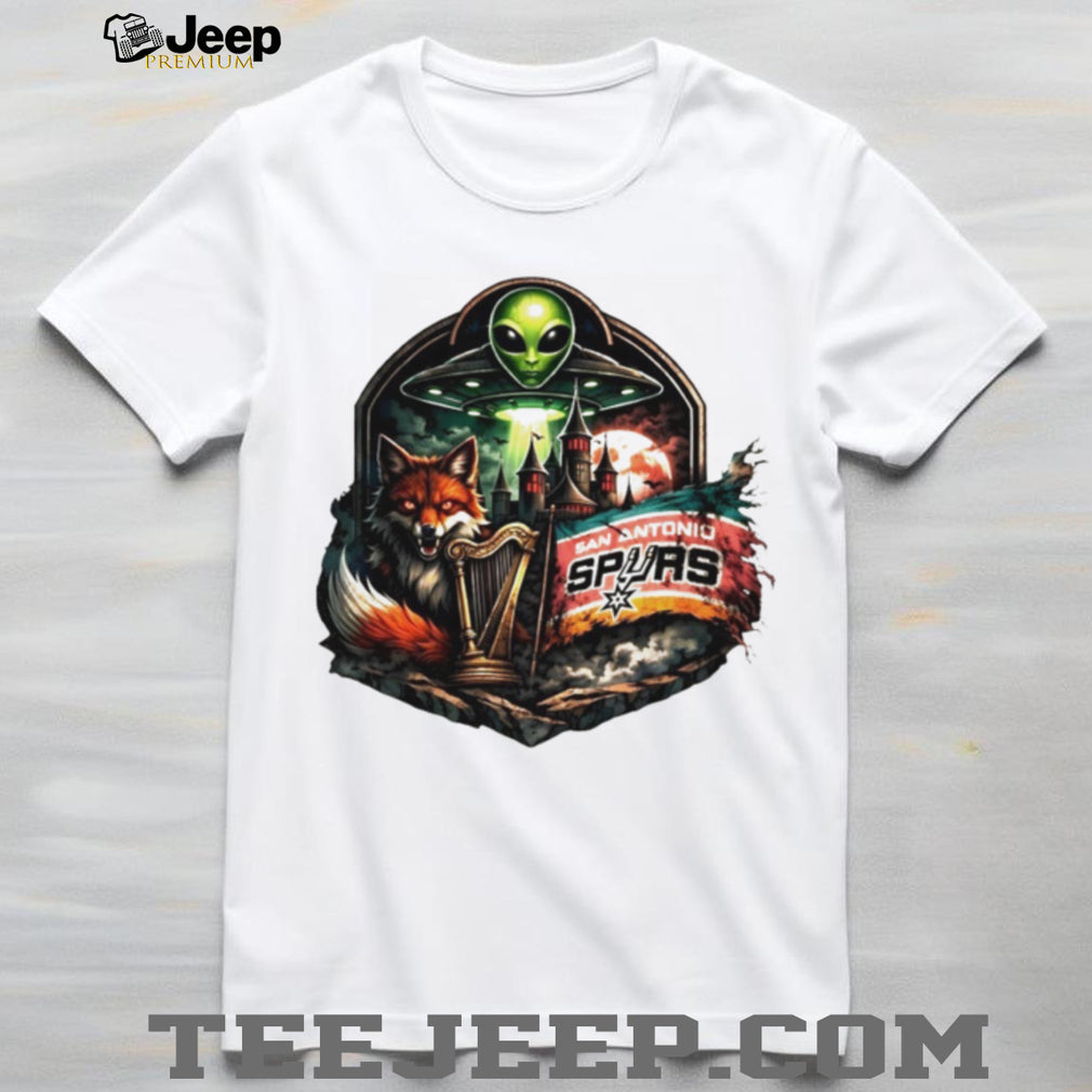 San Antonio Spurs Fantasy Alien UFO Fox and Harp Crest T Shirt
