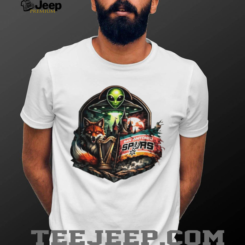 San Antonio Spurs Fantasy Alien UFO Fox and Harp Crest T Shirt