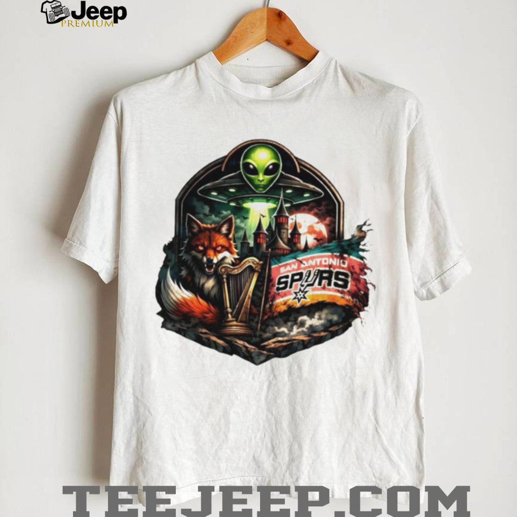San Antonio Spurs Fantasy Alien UFO Fox and Harp Crest T Shirt