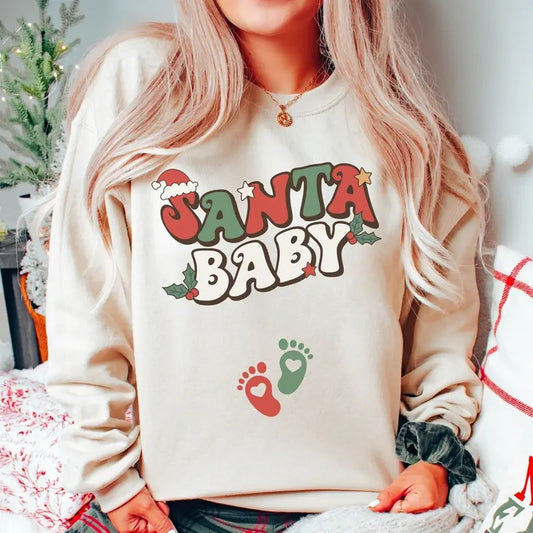 Santa Baby Christmas Pregnancy Announcement Sweatshirt XMas Maternity Sweater Holiday Gender Reveal Outfit Winter Baby Shower Gift
