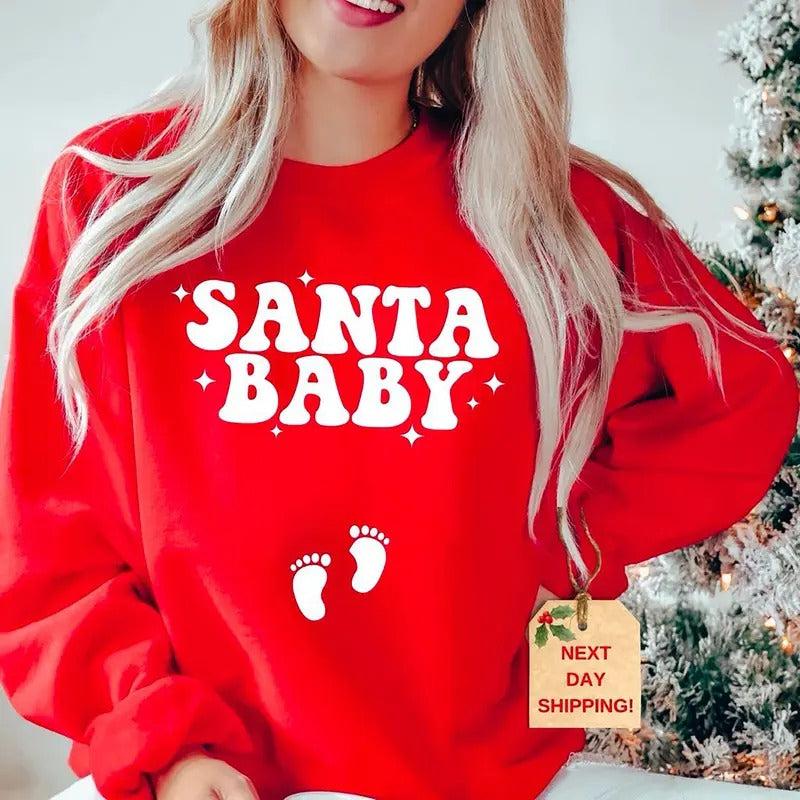 Santa Baby Sweatshirt, Pregnancy Announcement Sweatshirt, Christmas Maternity Shirt, Holiday Gender Reveal Sweatshirt, Gift for Expecting Xmas Baby, Christmas Baby Shower Crewneck Womenswear