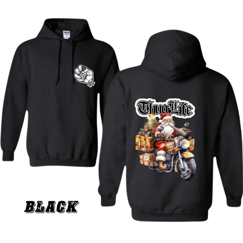 Santa Biker Hoodie, Thug Life Christmas Design with Santa on Motorcycle, Festive and Edgy Holiday Apparel, Cozy Unisex Christmas Shirt for Men, Women