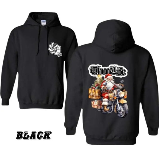 Santa Biker Hoodie, Thug Life Christmas Design with Santa on Motorcycle, Festive and Edgy Holiday Apparel, Cozy Unisex Christmas Shirt for Men, Women