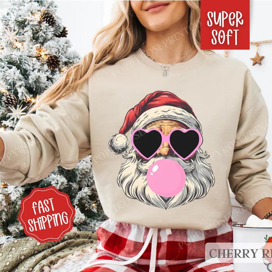 Santa Christmas Sweatshirt, Merry Christmas Sweater, Women's Holiday Crewneck retro christmas