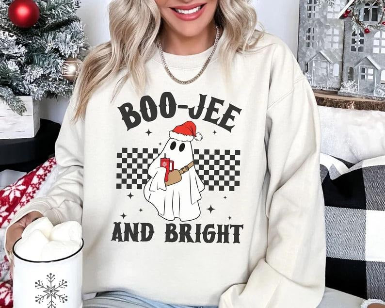 Santa Ghost Boo Jee and Bright Sweatshirt, Cute Christmas Ghost Crewneck, Spooky Holiday Sweater, Funny Xmas Shirt, Retro Christmas Gift, Ghost Christmas Sweatshirt