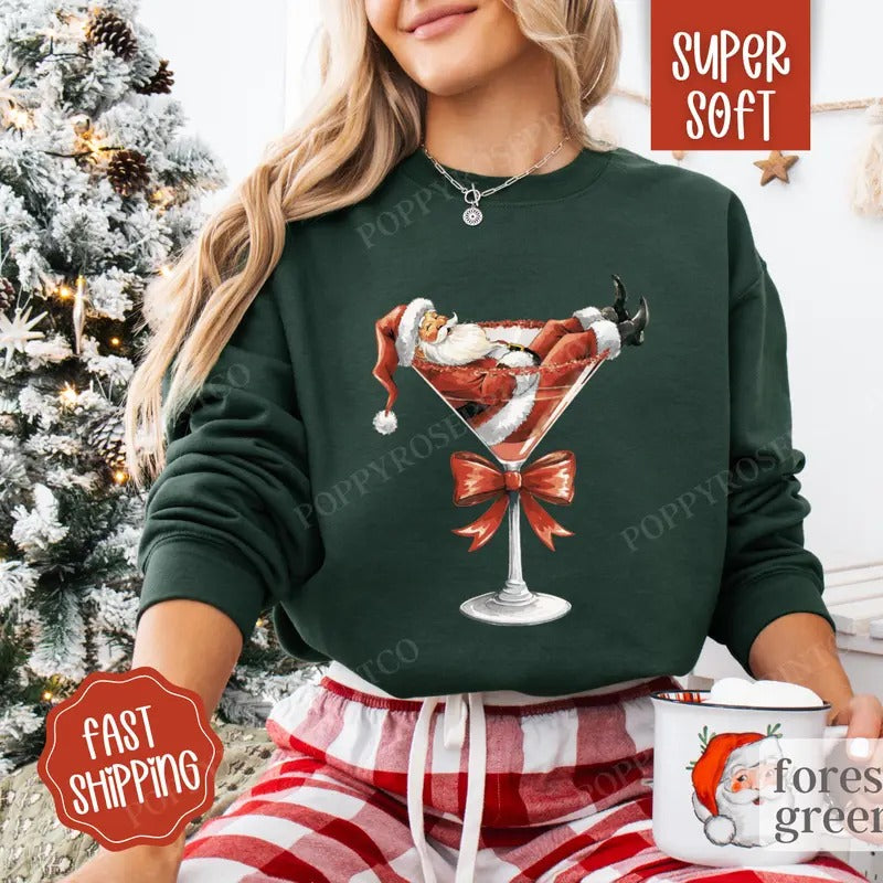 Santa Martini Sweatshirt, Merry Christmas Sweater, Women's Holiday Crewneck