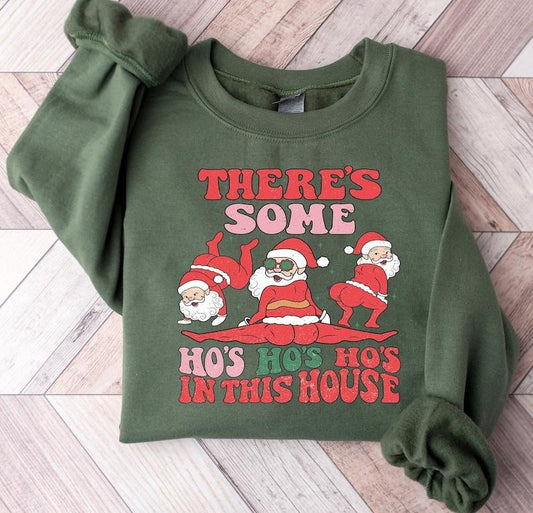 Santa There'S Some Ho'S In This House Tee, Funny Christmas Shirt, Rude Santa Christmas Holiday Hoodie and Sweater; T-shirt Cotton Menswear Polyester Tops