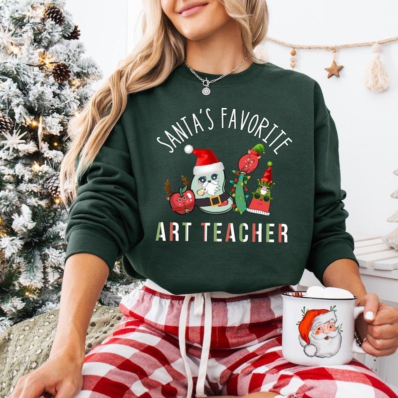 Santa's Favorite Art Teacher Christmas Sweatshirt, Christmas Art Lover T-shirt, Xmas Art Teacher Shirt, Very Merry Art Teacher Hoodie