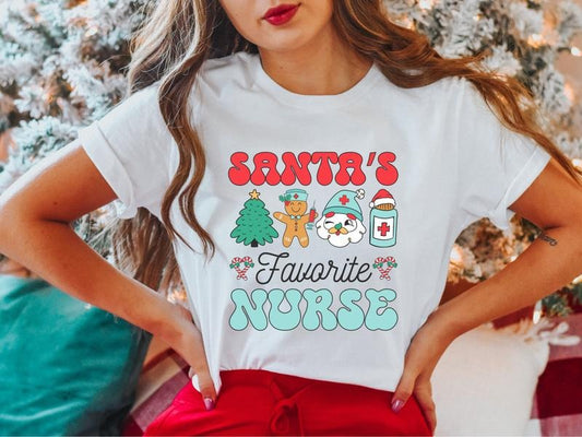 Santa's Favorite Nurse T-Shirt, Nurse Christmas Shirt, Nurse Holiday Gifts Tee, Christmas Tree Tee, Christmas Party Shirt, Xmas Nurse Short Sleeve.