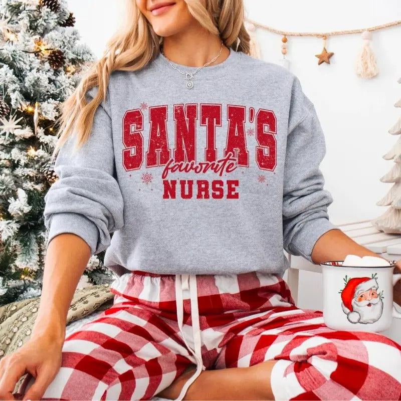 Santas's Favorite Nurse Sweatshirt, Christmas Nurse Shirt, Nursing Christmas Sweatshirt, Nurse Xmas Sweatshirt, Nurse Holiday Shirt, Nurse Holiday Crewneck, Icu Shirt, Nurse Sweatshirt