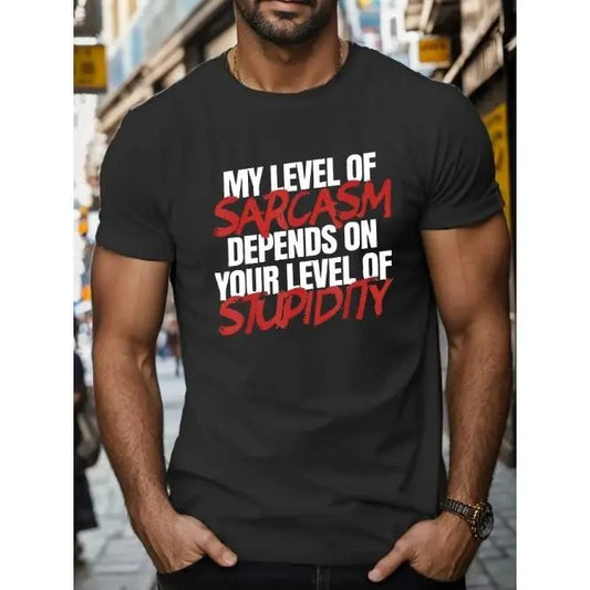 Sarcasm Print Men's Short Sleeve T-shirts, Comfy Casual Breathable Tops For Men's Fitness Training, Jogging, Outdoor Activities Summer Made in USA