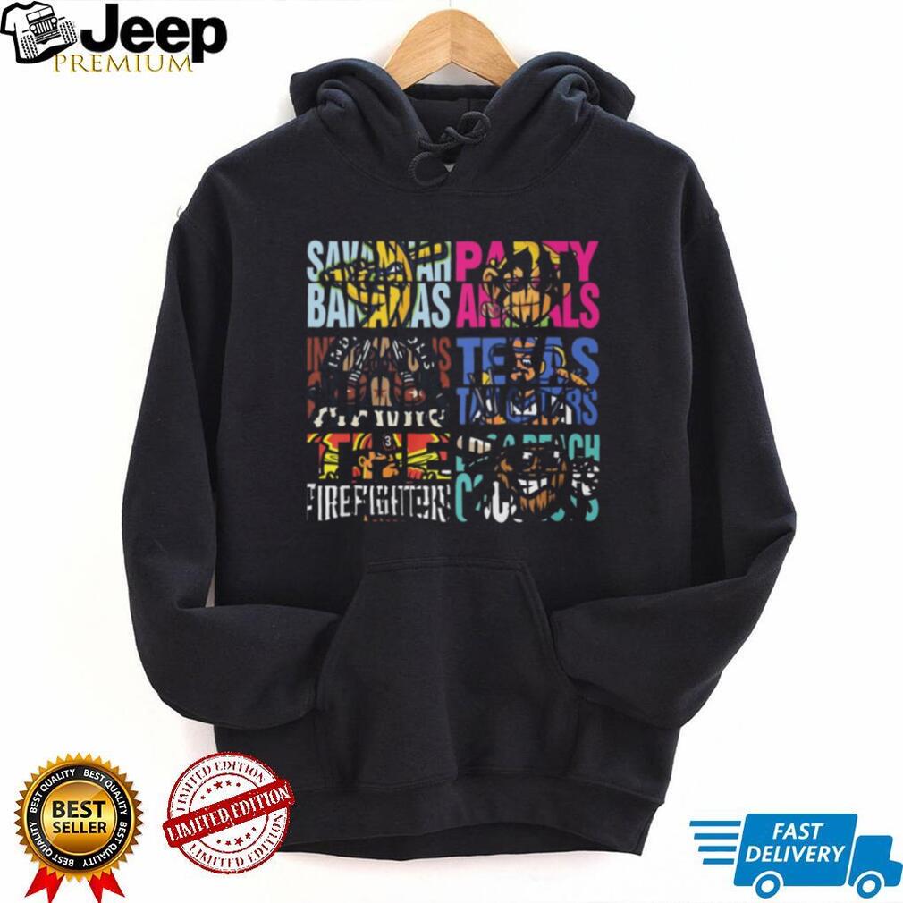 Savannah Bananas Party Animals Firefighters Colorful Mascot Grid T Shirt