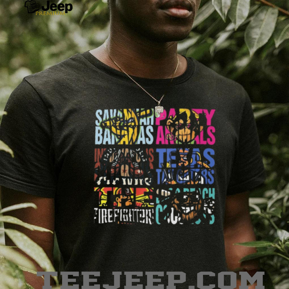 Savannah Bananas Party Animals Firefighters Colorful Mascot Grid T Shirt