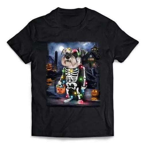 Schnauzer Dog Dress Up in Skeleton Costume for Halloween - Short-Sleeve Unisex T-Shirt Made in USA