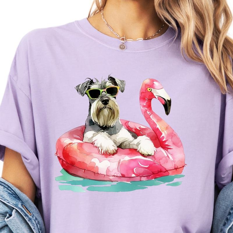 Schnauzer Flamingo Float Dog Shirt ~ Unisex Apparel Relaxed Fit Printed In The USA Clothing Womenswear Casual Comfort Cotton Top Athletic Boho Chic
