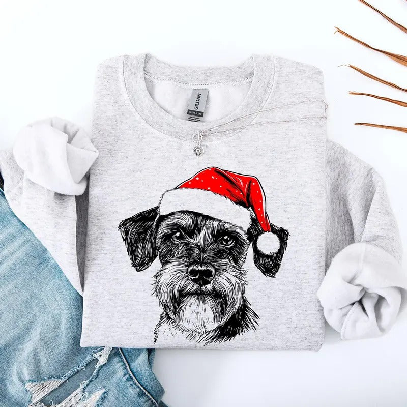 Schnauzer, Santa, Dog, Christmas, Dog Lover, Pet Sweatshirt, Crew Neck, Women's, Crewneck T-Shirts, Hoodie | WearSparks.com