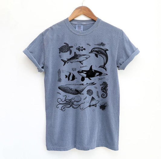 Sea Animal Tattoo Graphic Tee, Vintage Comfort Colors Shirts