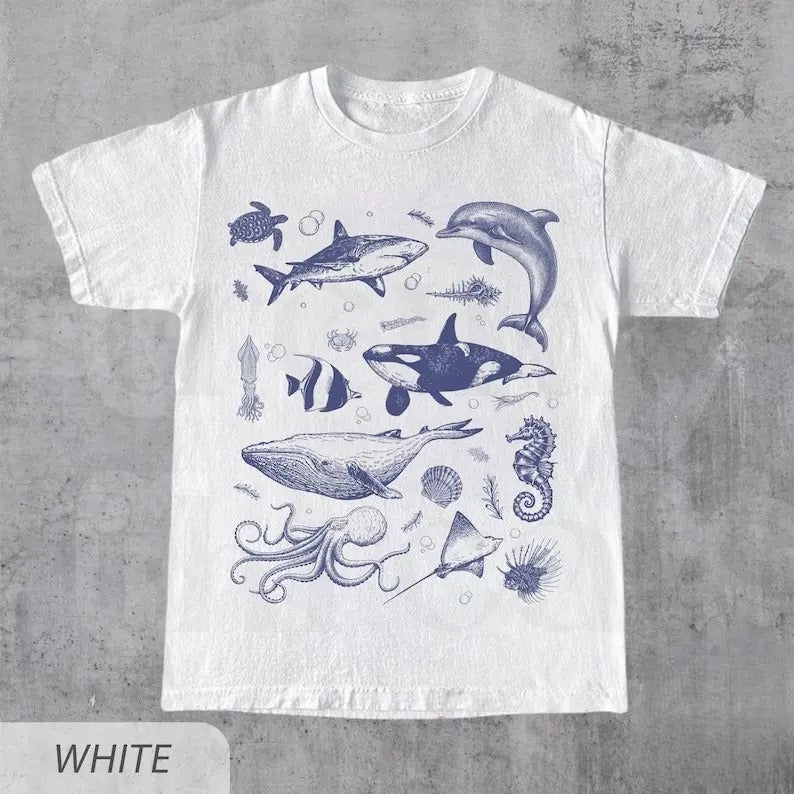 Sea Creatures Vintage Shirt, 90s Tattoo Sea Animal Tshirt, Whale, Orca, Ocean Sealife, Turtle, Dolphin Shirt, Nature, Unisex Adult Tee Top Womenswear