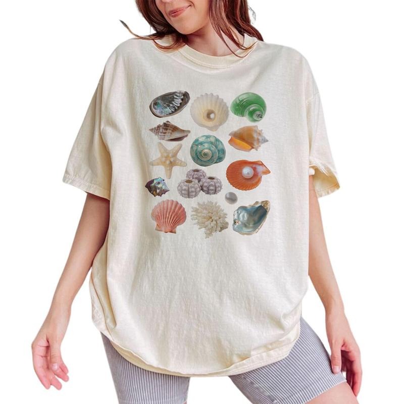 Sea Shell Summer Tee, Cute Coastal Graphic Tee Women, Summer Vibes Shirts For Women, Beach Lover Shirt For Women, Summer Women Outfit, Mom Summer Outfits, Gifts For Her, Women's Tops, Womenswear, Cotton Fabric Relaxed Fit Chic Style