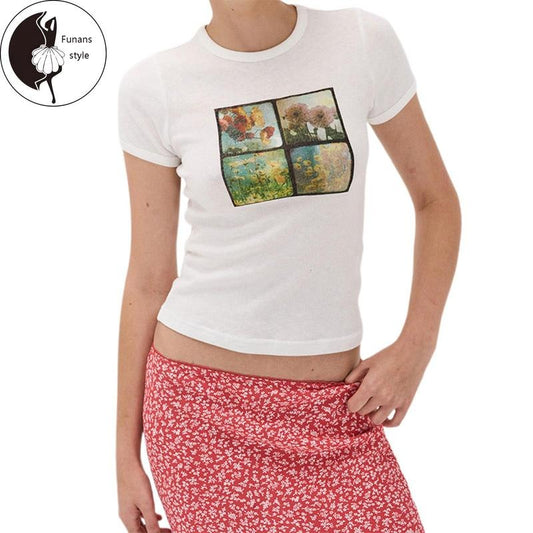 Women's Crew Neck Tops Short Sleeve Floral/Sea Wave Print Baby Tees Hoodie, Sweatshirt | WearSparks.com