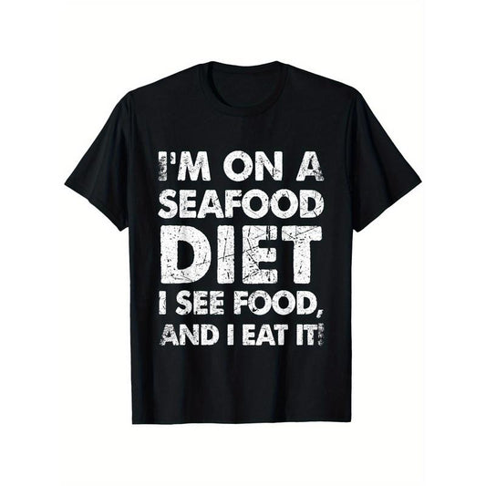 Seafood Diet Humor T-Shirt, 100% Cotton Crew Neck Casual Tee, Short Sleeve Printed Top, Slight Stretch Knit Fabric, Regular Fit for Adults, All-Season Comfort - Black Made in USA