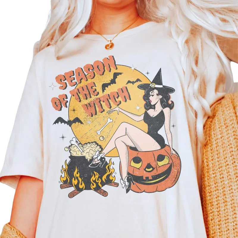 Season of the Witch Shirt Funny Vintage Halloween Tshirt Cute Retro Horror Social Club Tee Fall Party Trendy Spooky Clothing Top Womenswear